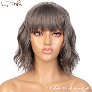Vigorous Best Sale Wholesale Price Short Bob Grey Wig With Neat Bangs Synthetic Wave Wigs Heat Resistant Fiber